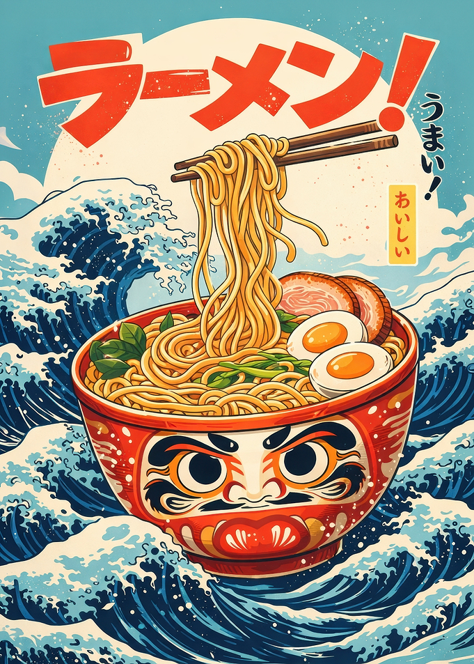 Ramen Bowl with Daruma and Great Wave