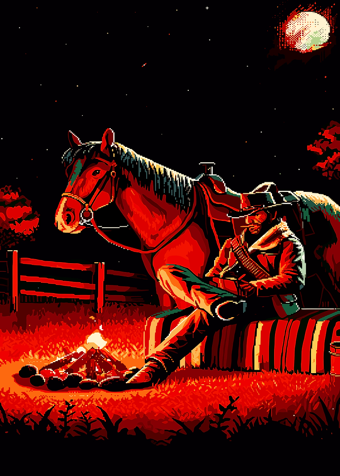 Cowboy and Horse by Campfire