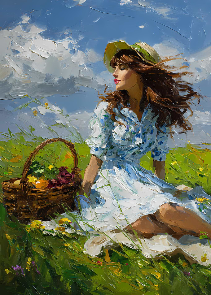 Woman in a field with a picnic basket