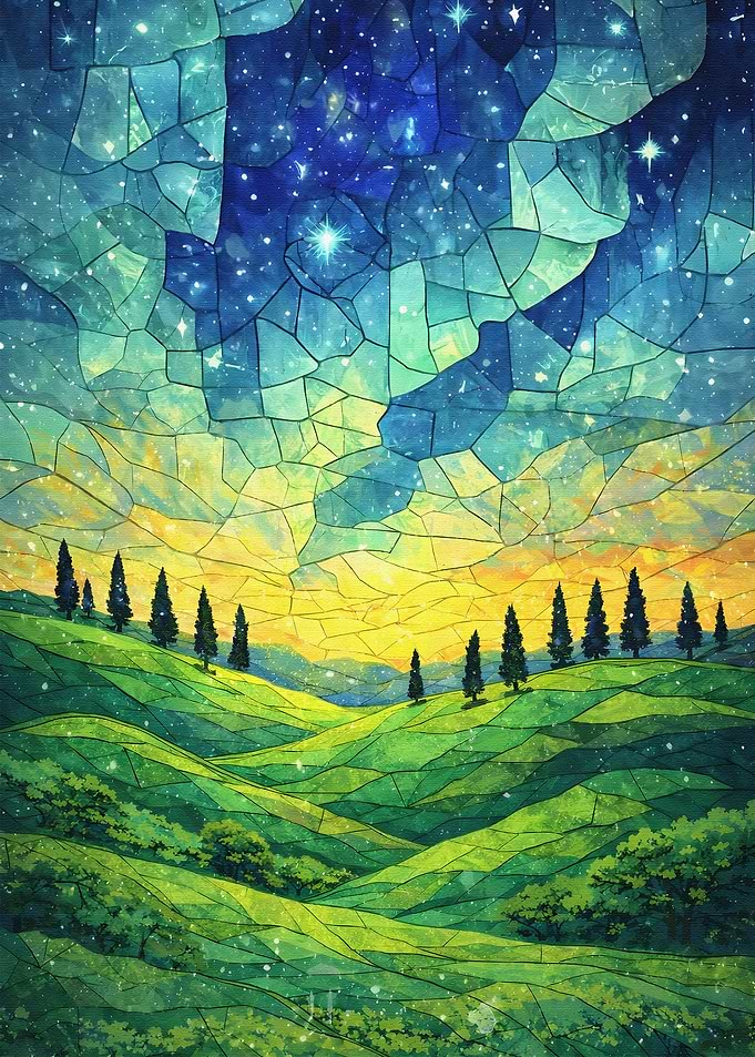 Stained Glass Landscape with Cypress Trees