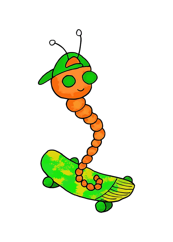 Cartoon caterpillar on a skateboard
