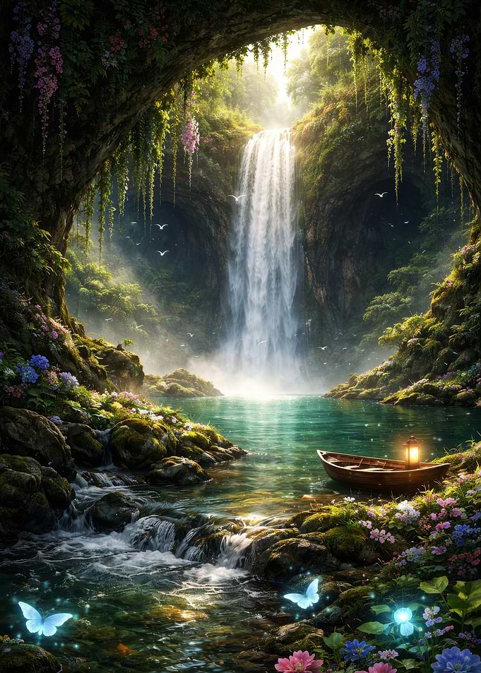 Waterfall Grotto with Boat