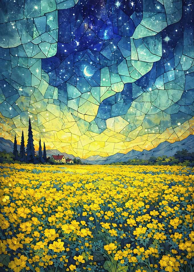 Stained Glass Field Under Starry Sky