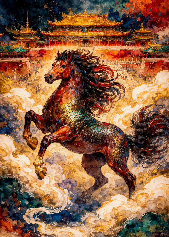 Majestic Horse in Clouds Before Palace