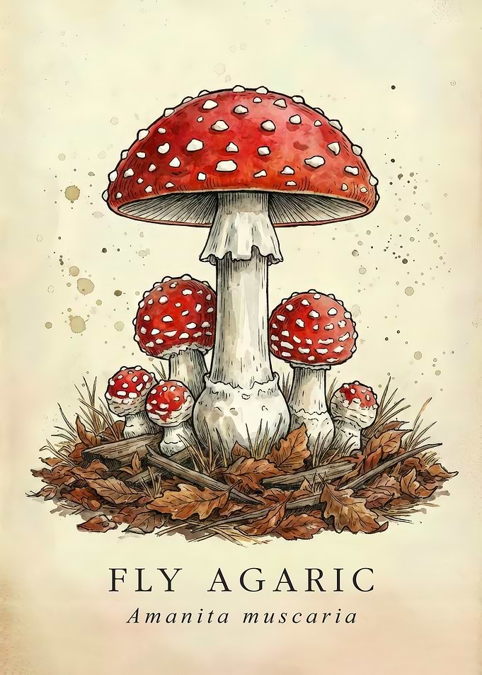 Fly Agaric Art - Amanita Muscaria Mushroom Botanical Illustration - Vintage Watercolor Fungi Wall Decor