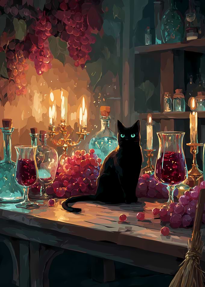 Black Cat with Grapes and Wine