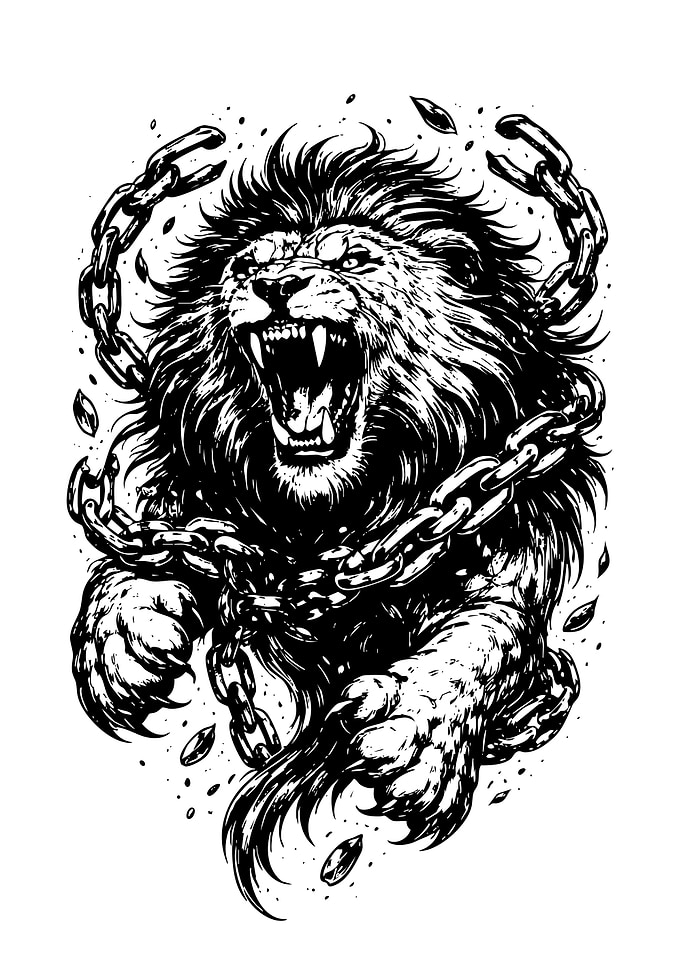 Fierce Lion Breaking Chains