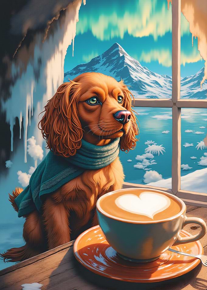 Dog with Coffee and Aurora Borealis