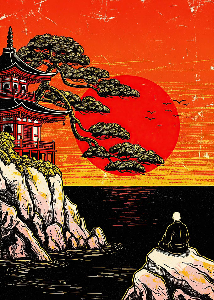 Zen Monk Meditating by Japanese Pagoda at Sunset