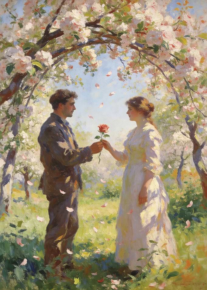 Couple exchanging a rose under a floral arch