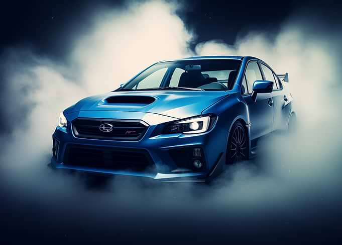 Blue Subaru STI in smoke