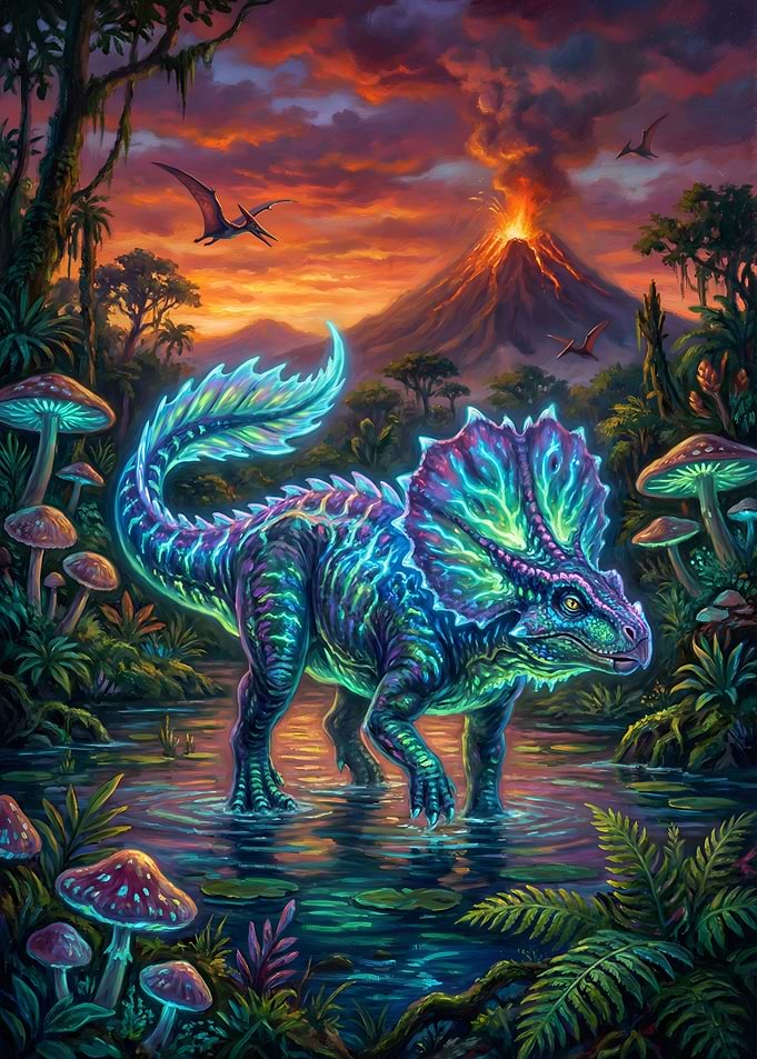 Bioluminescent Dinosaur in Prehistoric Jungle