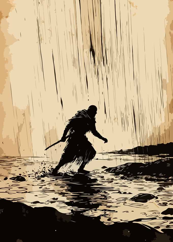 Warrior running in the rain
