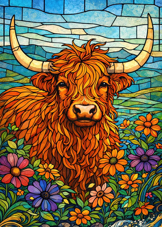 Highland Cow in Stained Glass Style