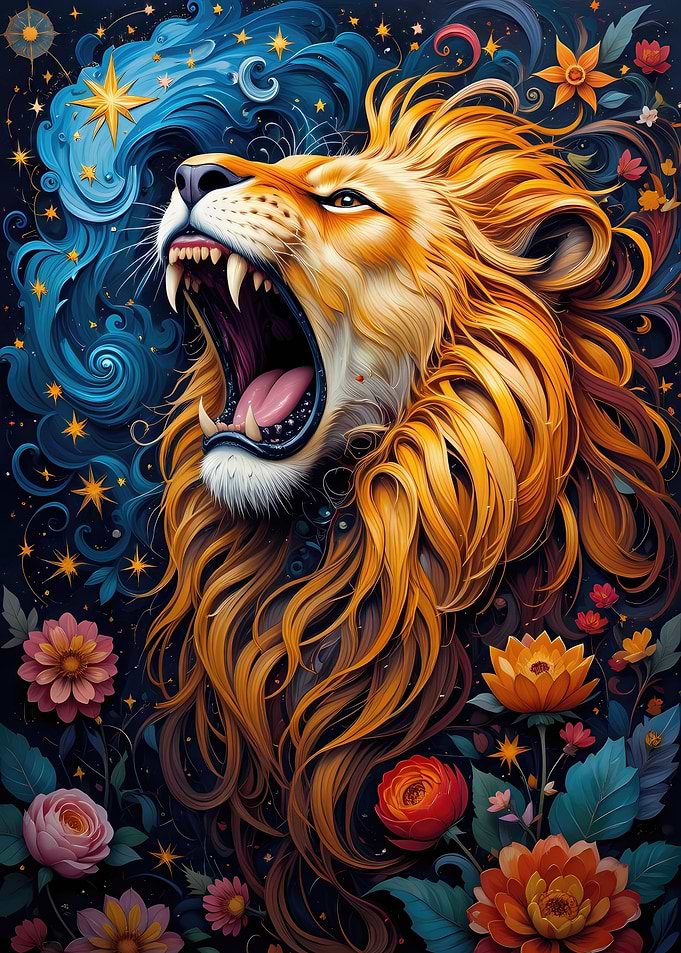 Roaring Lion with Floral and Celestial Background
