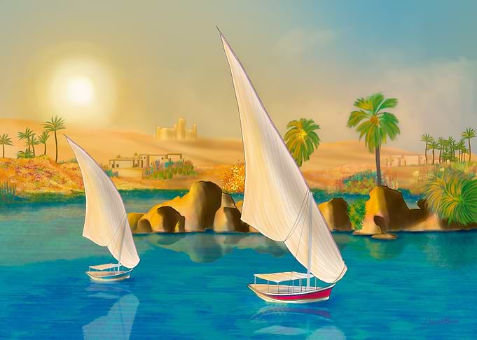 Golden Sunset on the Nile River - Egyptian Felucca Landscape