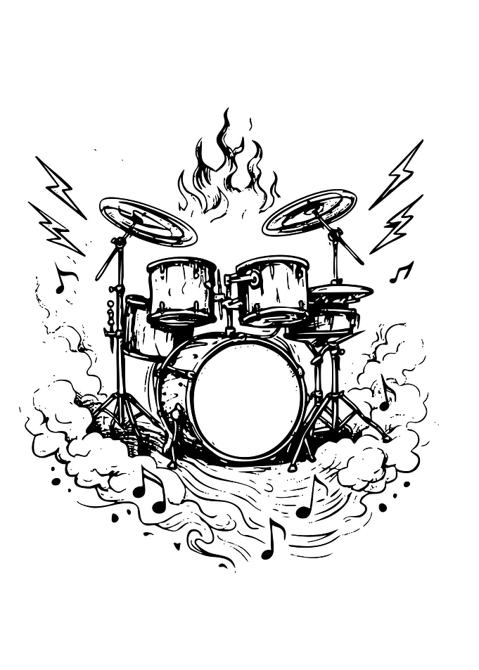 Drum Set with Flames and Music Notes