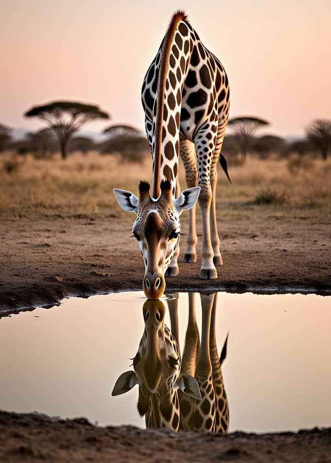 Giraffe drinking water at sunset