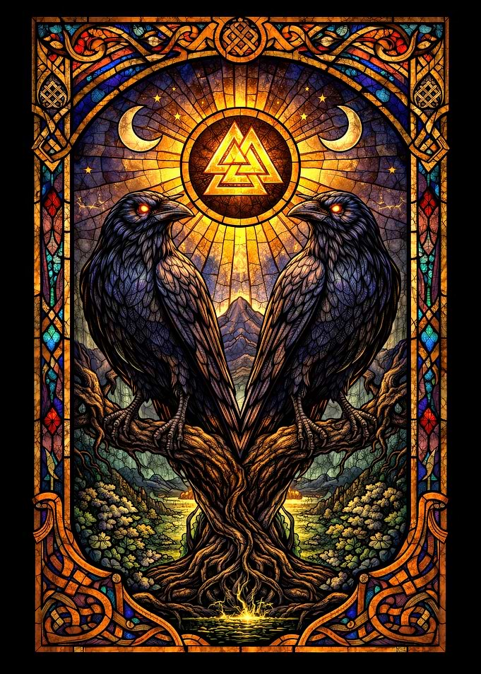 Viking Ravens and Tree of Life Stained Glass