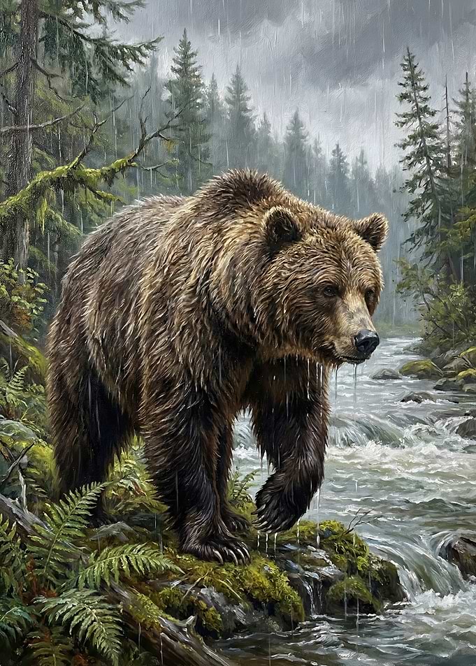 Grizzly Bear in Rainy Forest