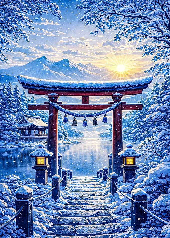 Snowy Japanese Torii Gate at Sunrise