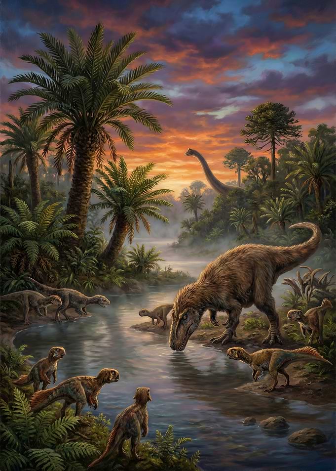 Dinosaurs drinking at sunset
