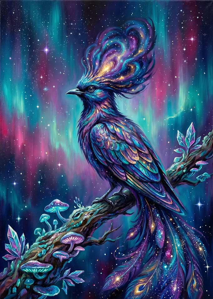 Cosmic Phoenix Bird on Branch
