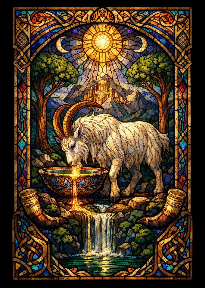 Stained Glass Goat and Waterfall