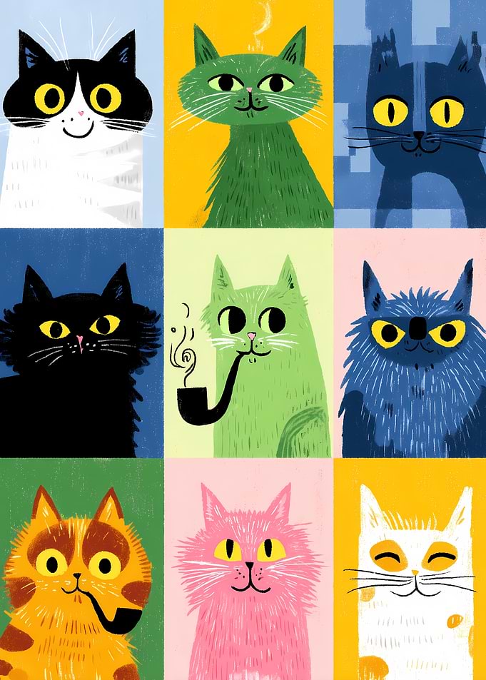 Nine Cats in a Grid