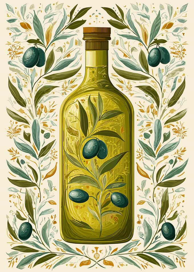 Olive Oil Bottle with Floral Border