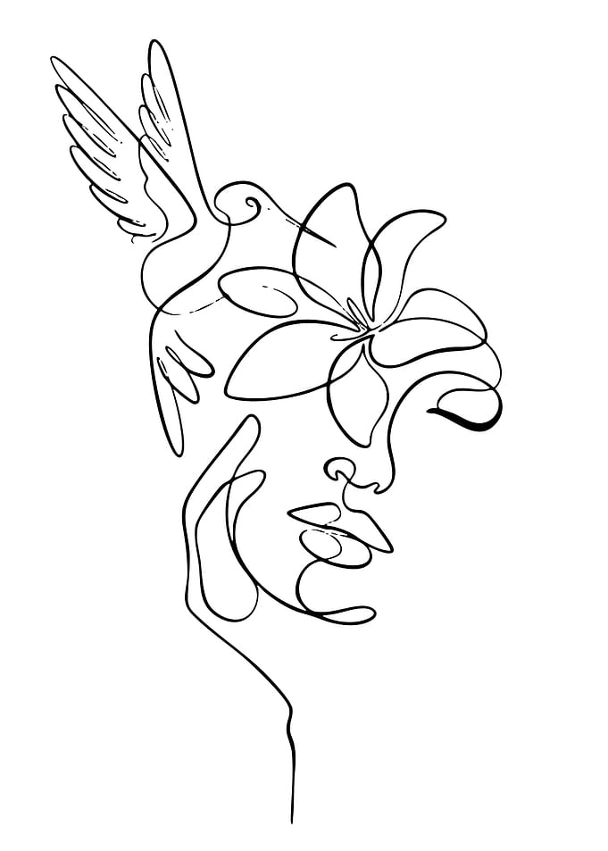 Line Art Woman with Bird and Flower