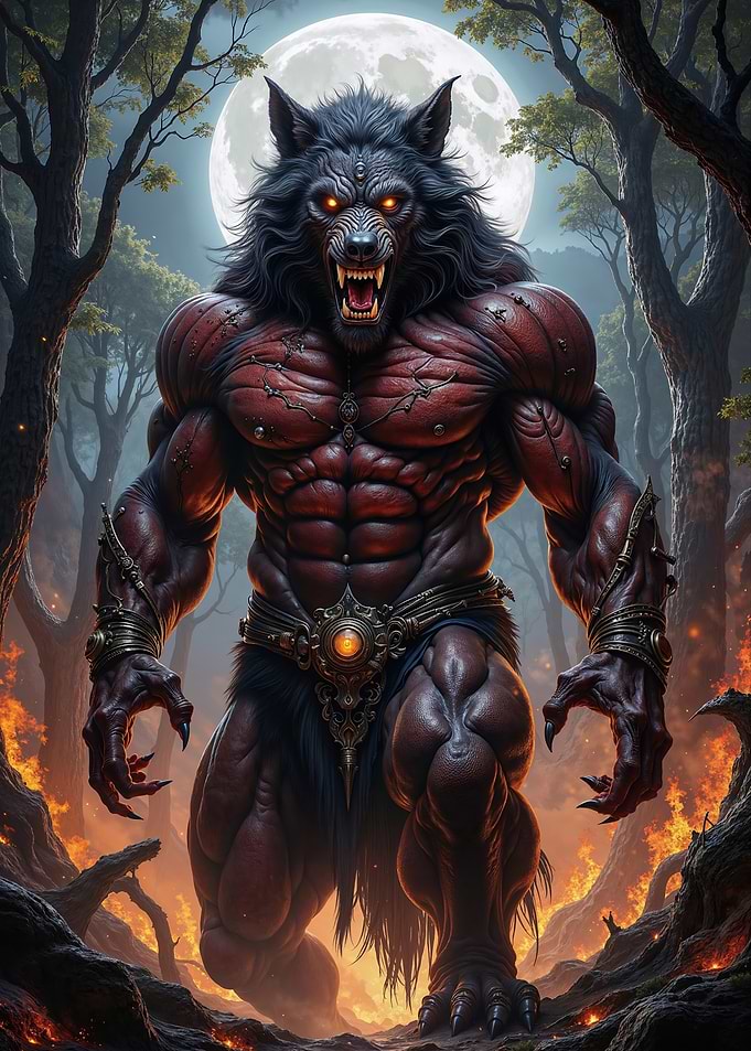 Werewolf in a fiery forest