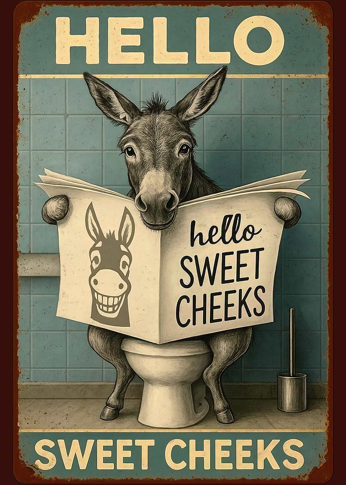 Donkey Reading Newspaper on Toilet
