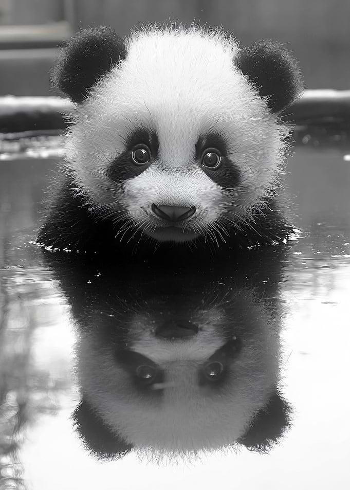 Panda Cub in Water Reflection