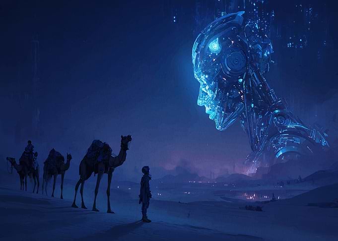 Futuristic AI meets desert travelers