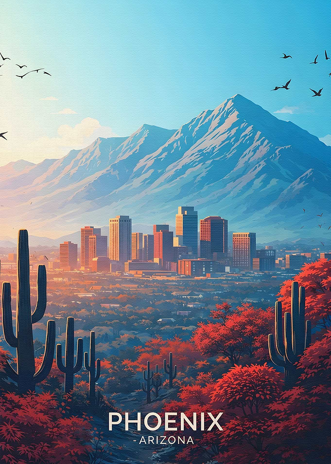 Phoenix Arizona Cityscape with Mountains and Cacti