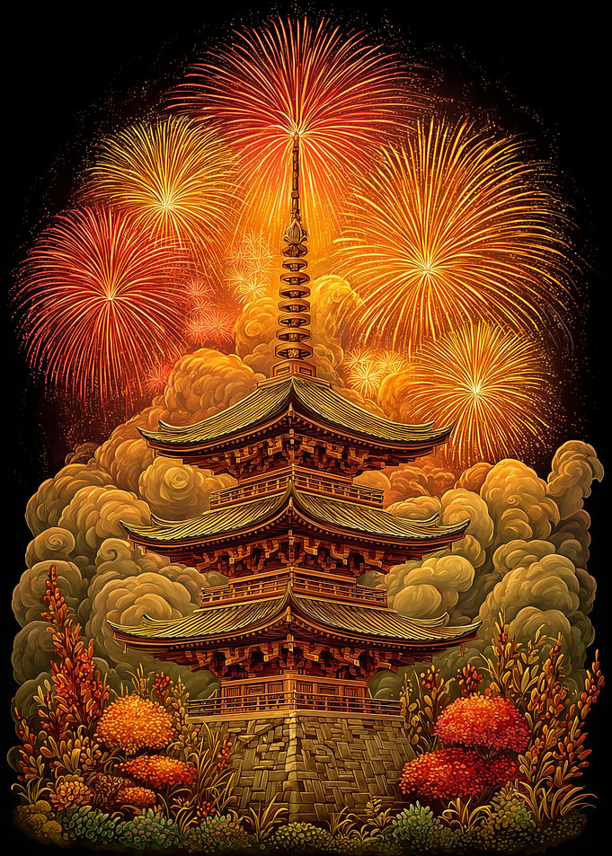 Pagoda with Fireworks and Clouds