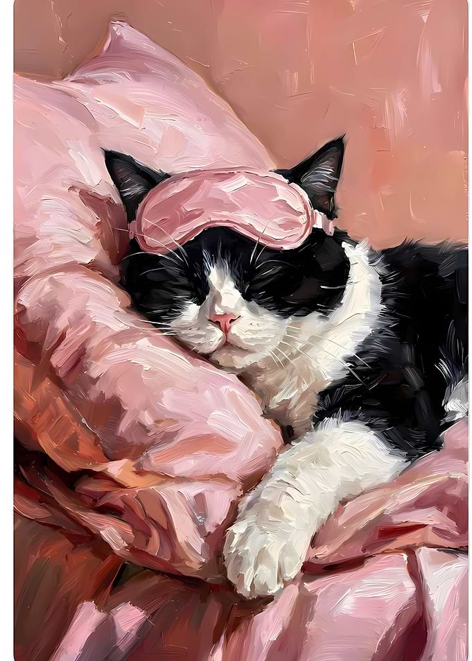 Sleeping Cat with Pink Sleep Mask