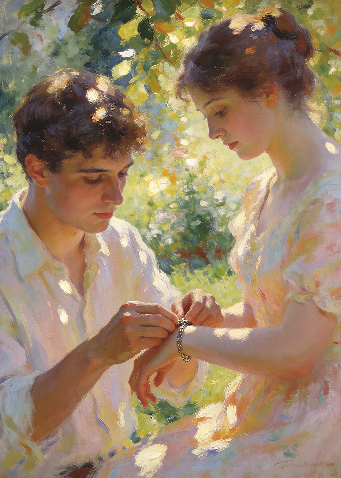 Couple fastening bracelet in garden