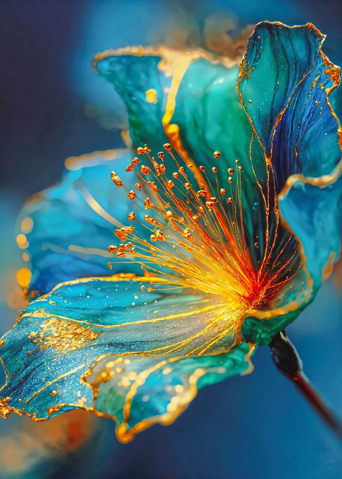 Blue Flower Gold Vein Painting