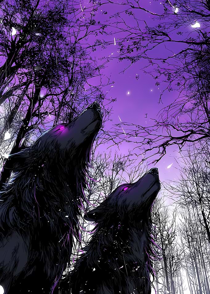 Two wolves howling at a purple sky
