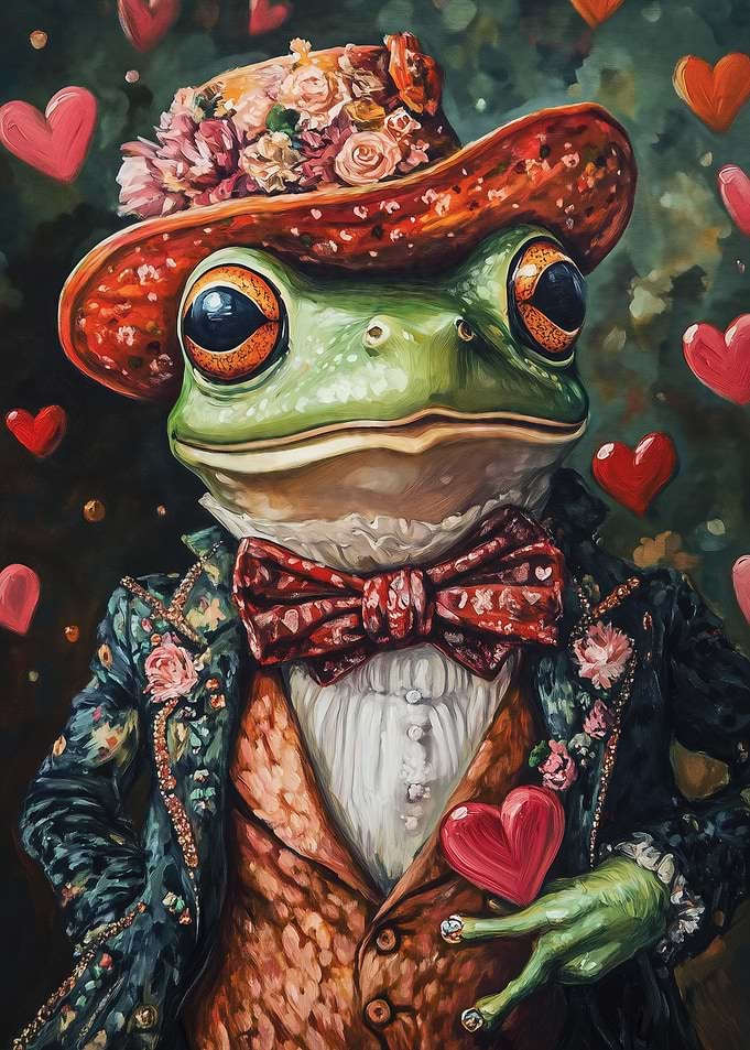 Dapper Frog with Heart and Flowers
