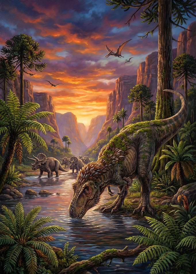 Prehistoric Landscape with Dinosaurs and Pterodactyls