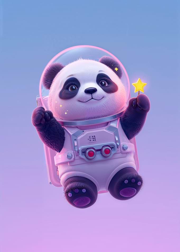Cute Panda Astronaut Holding a Star – Kawaii Space Wall Art, Pastel Galaxy Fantasy Illustration