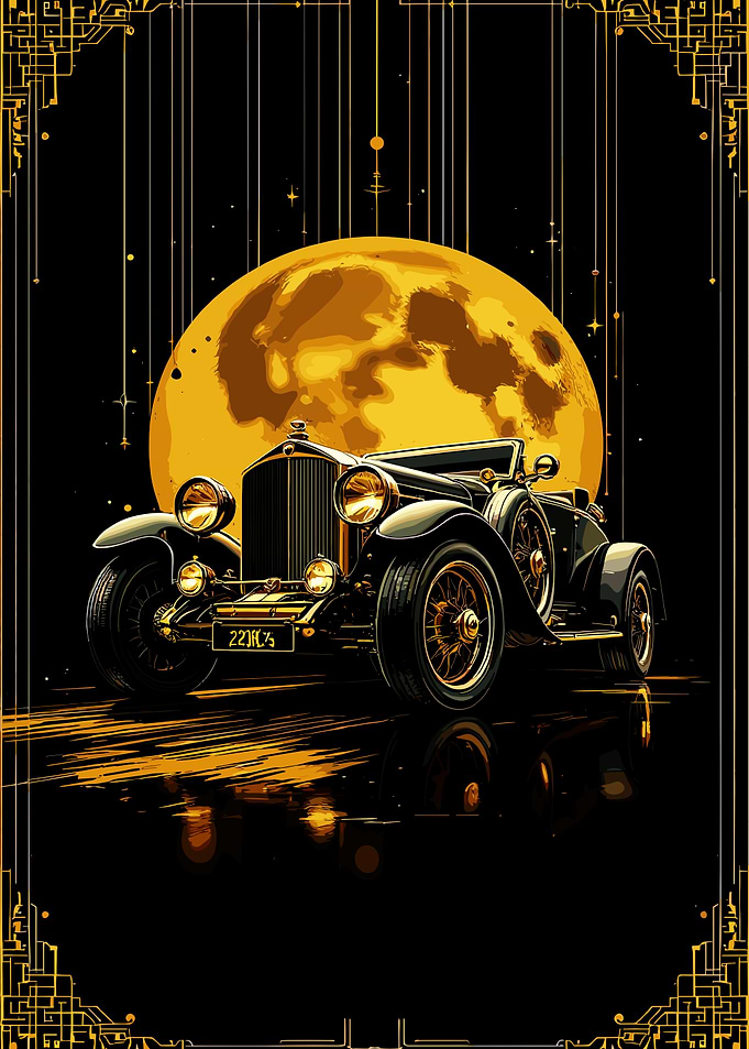 Vintage Car Under a Full Moon