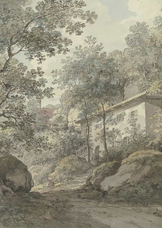 Watercolor painting of a house and church in a forest