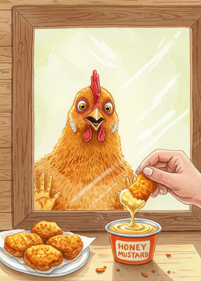 Chicken looking at honey mustard chicken nuggets