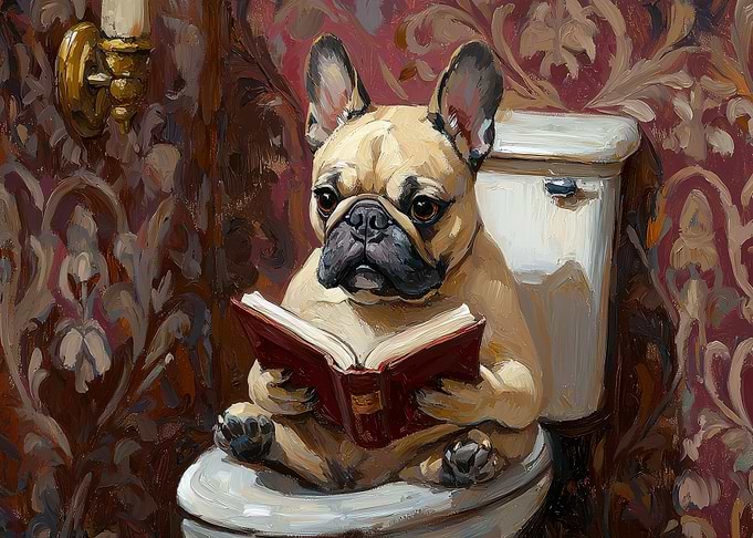 French Bulldog Reading on Toilet