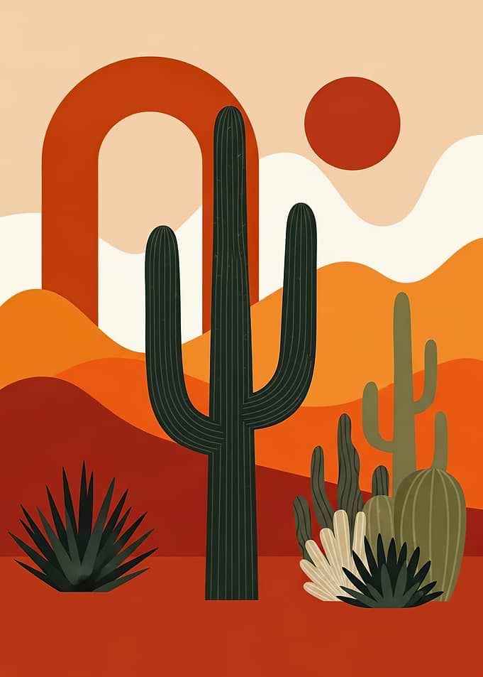 Desert Landscape with Cacti and Arch