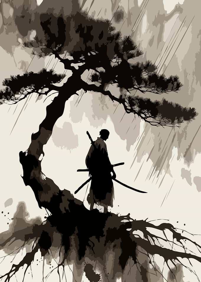 Samurai Under a Pine Tree in the Rain